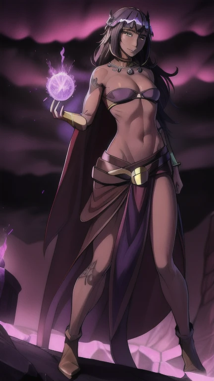 (masterpiece, highres, best quality:1.3), professional artwork, 8K, highly detailed, intricate, vibrant image, sharp focus, trending on pixiv, Fantasy style, Fantasy environment. She's a sorceress that wields her magical powers with grace and precision, showcasing her exceptional abilities. The photo captures the essence of a powerful and majestic sorceress, destined for greatness in a world filled with mystical wonders. Solo, mature female, AishwaryaRay, tiona hiryute, tharja, 25 year old woman, sorceress, (Dark skin:1.5), purple hair, wavy hair, long hair, purple eyes, mascaras purple eyeshadow, smile, purple lipstick, (covered in tattoos:1.3), medium breasts, waist, slender legs, attractive body, slim figure, perfect shape, (Wearing: golden headpiece, necklace, purple bandeau, golden belt, purple pelvic curtain, sarong, bracer, golden boots:1.2), both hands glowing bright purple, purple magic, bright purple sparks in both hands, inspired by greatness in a world of mystical wonders, looking at viewer with an calm smile, fierce and confident posture, both hands glowing bright purple, purple magic, bright purple sparks in both hands, (Night time, ethereal and magical atmosphere, outdoors, dark clouds, purple lighting, stone temple, mount top, stone structures, purple and magenta aroura's in the sky, gorgeous view of the mountains)
