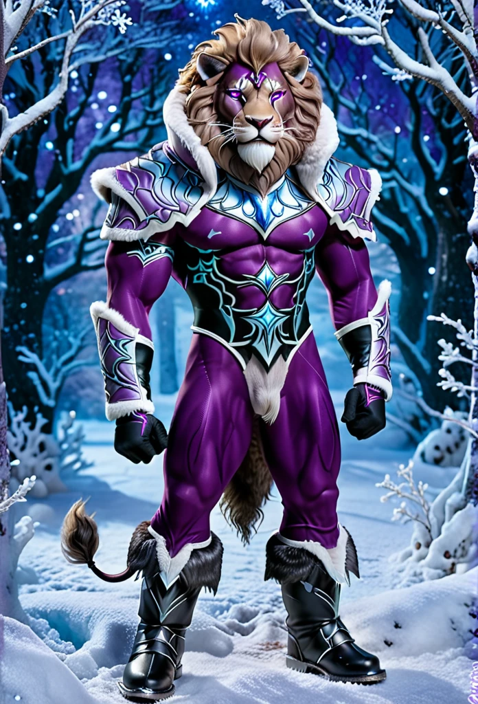 A striking dark fantasy illustration of a muscular and majestic anthropomorphic Lion with almond-shaped glowing purple eyes and no hair. Standing at 2.5 meters, he exudes an aura of winter. His powerful, muscular build is accentuated by his defined abs and the elegant pose he holds. His fur is pristine white with bold black stripes.

Gabriel is dressed in an ultra-elegant winter-themed gala suit, predominantly black with icy blue details. The suit is adorned with intricate ice crystal patterns, and the jacket has a high collar with fur trim, decorated with delicate embroidery that resembles falling snowflakes and icy branches. His pants match the jacket in color and design, fitting perfectly to his muscular form. He wears high black Eskimo boots with tufts of fur at the foot openings, complementing the winter motif. The outfit is reminiscent of Dracula's elegance, but with a winter theme.

He is captured in an elegant pose, holding an ice staff with a glowing purple gem at the top, with his fingers resting delicately on the staff. His body appears as if it is partially frozen, enhancing the winter theme. His facial expression is intensely melancholic and serious, highlighting his human-like eyes and perfectly proportioned features.

The illustration is full-body, showcasing his entire form and the detailed elegance of his attire. He is surrounded by an ethereal aura of frost and snow, with ice crystals forming delicate patterns on his fur. Snowflakes drift gently around him, enhancing his ethereal presence. The background is filled with elements of darkness and ice, accentuating the character's ethereal and wintery presence.

Anatomically perfect, dark fantasy, 3d render, illustration