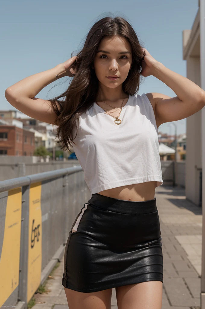 1girl in, 30 years old, Square face, Long hair, Looking at viewer, jewelry, Reality, Sexy, Short skirt outfit, sky background , free pose