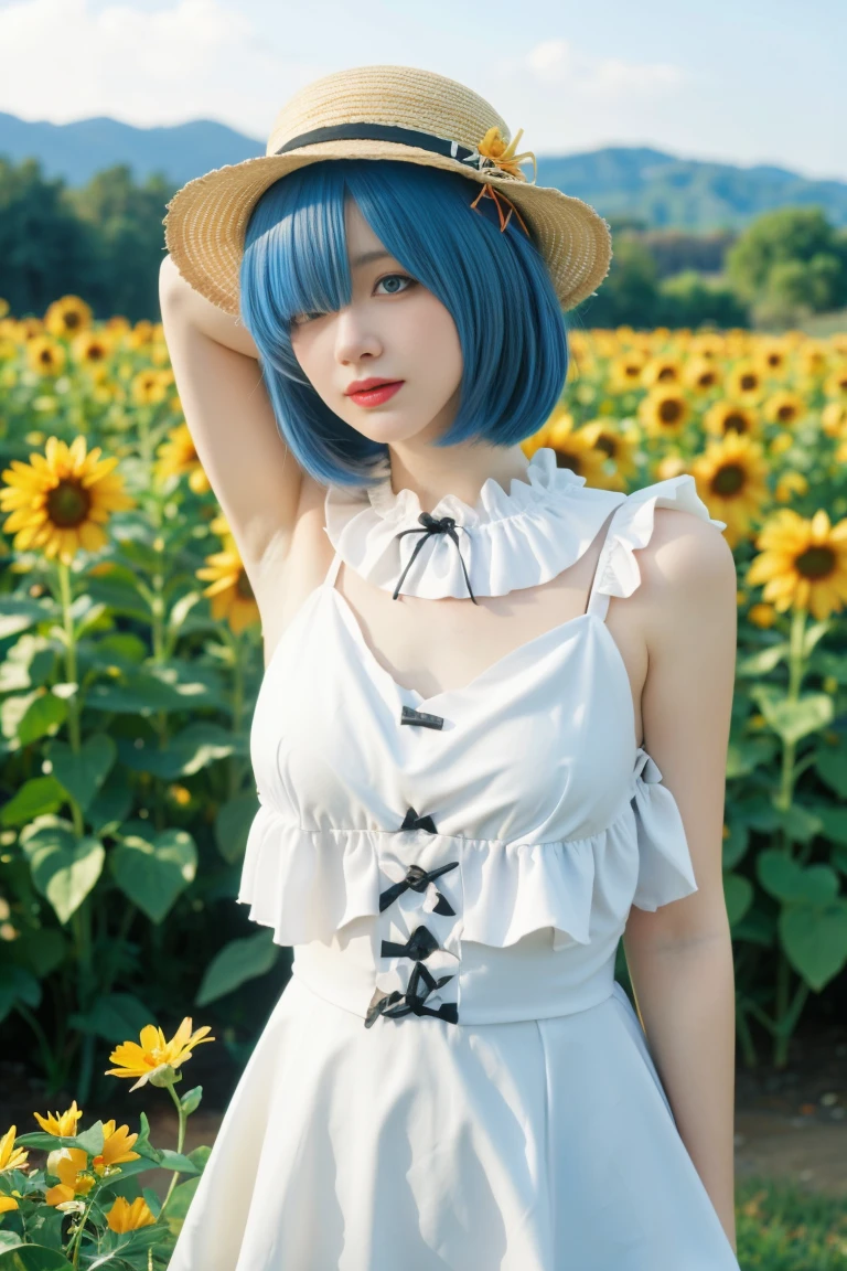 best quality, tmasterpiece,Ultra-high resolution,Clear face,(Reality:1.4),ferpect lighting,(upper body shot:1.5), (photorealistic:1.50), anime wallpaper, Guviz style artwork, cover-up fantasy up to magic , by Yang J, Guviz, beautiful artwork illustration, beautiful digital artwork, beautiful digital illustration, Li Song, beautiful anime portrait, art style in Beauvot,1girl,rem(re-zero),blue_eyes,blue_hair,blue_sky,blush,cloud,day,dress,field,flower,flower_field,from_side,hair_between_eyes,hair_flower,hair_ornament,hat,hat_flower,hat_ribbon,lens_flare,looking_at_viewer,open_mouth,outdoors,pink_flower,plaid,plaid_ribbon,ribbon,short_dress,short_hair,shoulder_blades,skirt_hold,sky,sleeveless,sleeveless_dress,独奏,standing,strap_gap,straw_hat,sun_hat,sundress,sunflower,sunflower_field,white_dress,yellow_flower,yellow_hat,