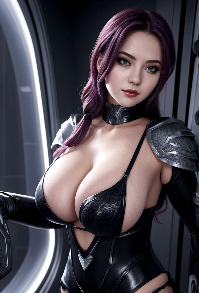 masterpiece, best quality, 1girl, jinxlol, solo, large breasts, cleavage,, breast curtains, , (SFW)
