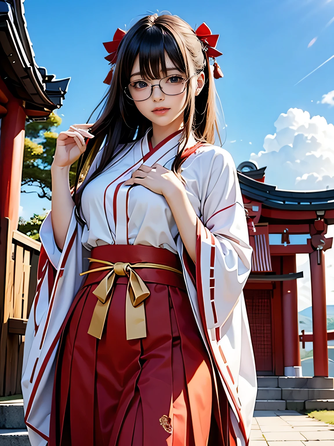 shrine maiden、Crimson too、Shrine maiden attire、ceremony、shrine、within the territory、Long Hair、beautiful girl、Clear Skin、Oracle、The chest is slightly open、cowboy shot,shrine maiden outfit,red skirt,Glasses、