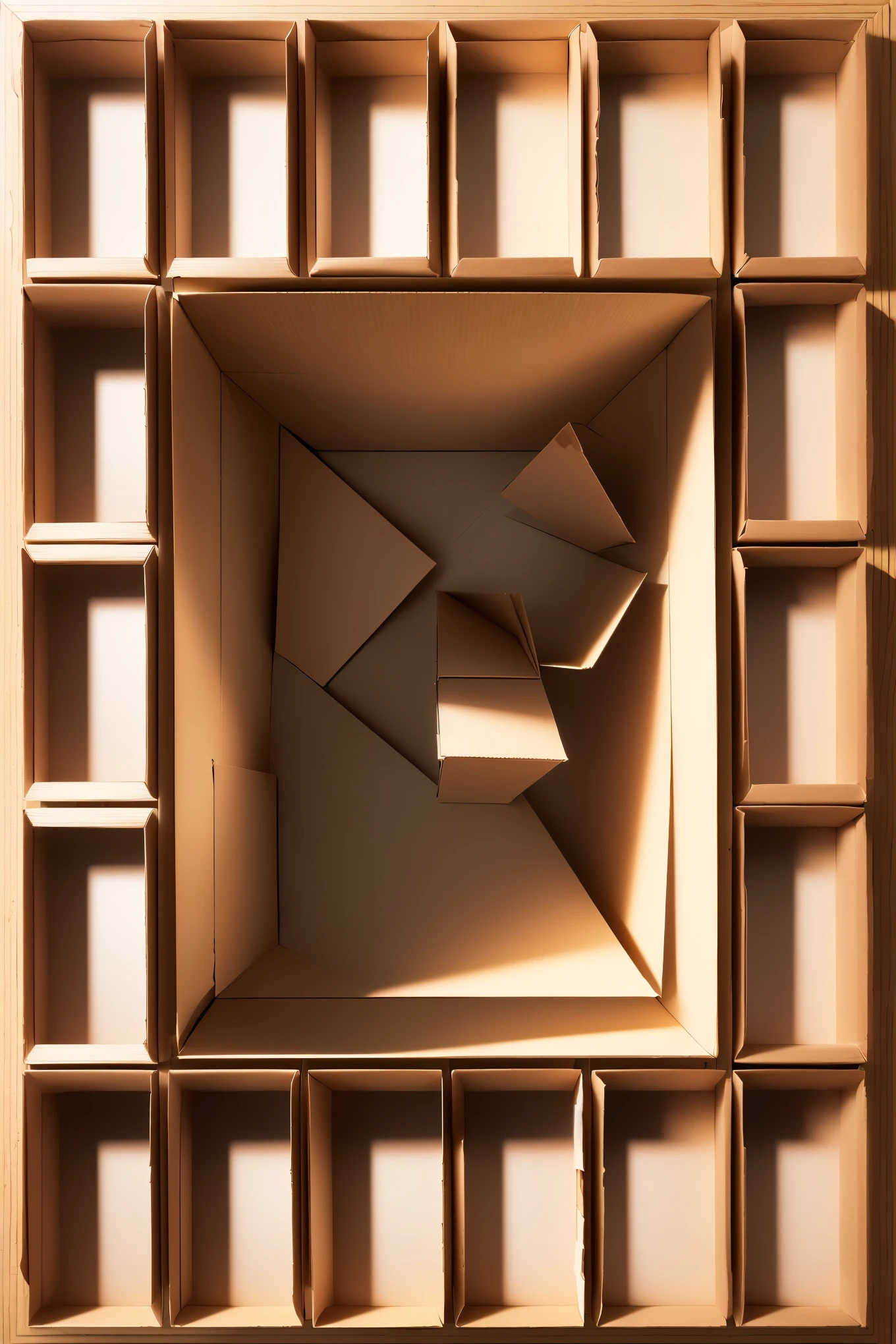 there is a Brown color Cardboard box picture of a square cardboard box shelf with a square design, Empty cardboard box, no contents inside the cardboard, inside a frame on a tiled wall, inspired by Rachel Whiteread, in a cardboard box. top down photo, top - view, layout frame, simple ceiling, rectangular piece of art, set photo, by Rachel Whiteread, inside its box, all inside frame, with everything in its place