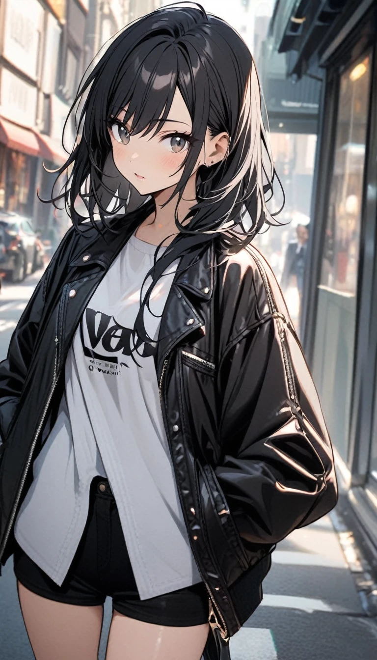 black hair, white shirt, jacket, 1girl, stylish