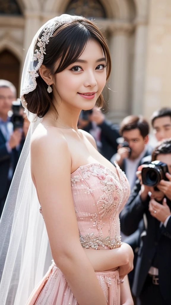 (8K, photo-realistic, ultra-detailed,best quality,ultra high resolution),cinematic lightning,
(detailed cute eyes, soft eyes, black eyes, beautiful detailed eyes:1.3),(loving eyes:1.2),(extremely beautiful skin, radiant skin:1.3), (extremely beautiful face:1.3),
(extremely beautiful japanese actress),(neat young woman),( mature, obedient,neat, intellectual , kindly:1.3),(shyly, lovingly:1.3),(shyly,smile:1.1),(embarrassed, blush, staring lovingly at viewer),
(natural wavy hair:1.1),(beautiful obedient woman:1.3),

(on the courtyard of the church, photography session:1.21),smile、

(beautiful japanese woman:1.25),(extremely beautiful face:1.25),
(ballgown wedding dress, chapel length veil, She is walking, Her skirt is floating in the wind, veil is dancing in the wind:1.2),
(A large group of cameramen surround her and take pictures with cameras.:1.21),

(embarrassed,shyly, lovingly, blush, staring at viewer),(kind smile:0.8),(blush),
(detailed face:1.2), (detailed eyes),
over the shoulder point of view,
She is being photographed by many people