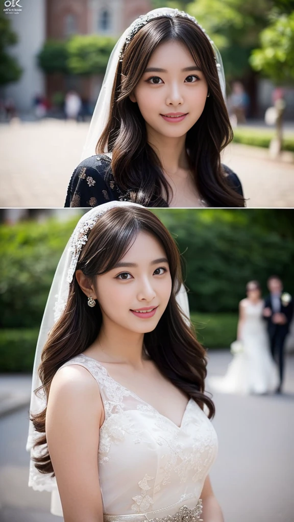 (8K, photo-realistic, ultra-detailed,best quality,ultra high resolution),cinematic lightning,
(detailed cute eyes, soft eyes, black eyes, beautiful detailed eyes:1.3),(loving eyes:1.2),(extremely beautiful skin, radiant skin:1.3), (extremely beautiful face:1.3),
(extremely beautiful japanese actress),(neat young woman),( mature, obedient,neat, intellectual , kindly:1.3),(shyly, lovingly:1.3),(shyly,smile:1.1),(embarrassed, blush, staring lovingly at viewer),
(natural wavy hair:1.1),(beautiful obedient woman:1.3),
(on the courtyard of the church, photography session:1.21),smile、
(beautiful japanese woman:1.25),(extremely beautiful face:1.25),
(ballgown wedding dress, chapel length veil, She is walking, Her skirt is floating in the wind, veil is dancing in the wind:1.2),
(A large group of cameramen surround her and take pictures with cameras.:1.21),
(embarrassed,shyly, lovingly, blush, staring at viewer),(kind smile:0.8),(blush),
(detailed face:1.2), (detailed eyes),
over the shoulder point of view,
She is being photographed by many people