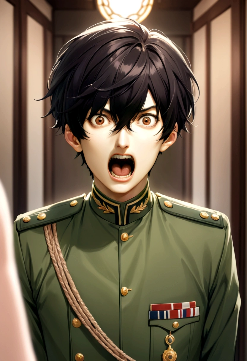 ung man、Black Hair、Brown eyes、Fearful screaming expression