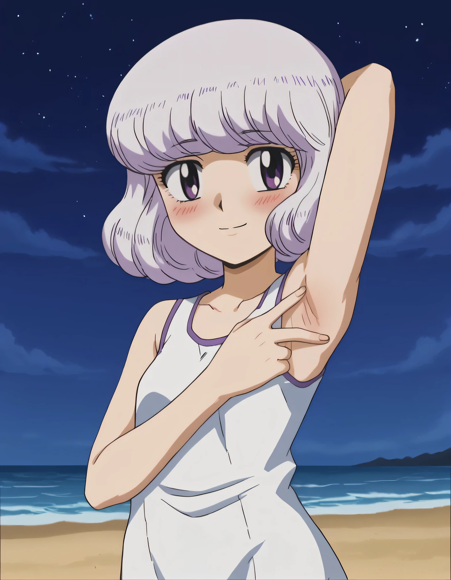anime screencap, flat shadows BREAK shiho sannomiya, (cowboy shot:1.5), solo, night sky, beach, arm behind head, contrapposto, spread armpits, looking at viewer, best quality, closed mouth, shy, presenting armpit, hand on own armpit, blushing, smile, sleeveless,