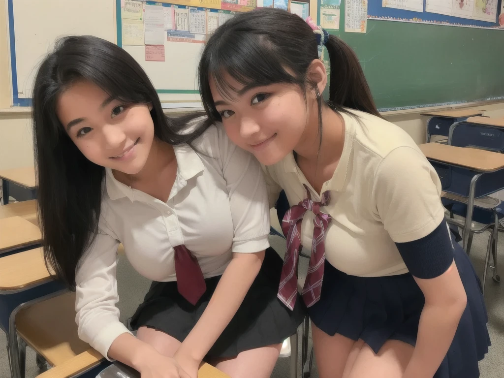 high school student、Women、School classroom、(Big Breasts)、smirk、curvy、(((((1 girl)))))、(from below)、With a cheek cane、Only 1 person