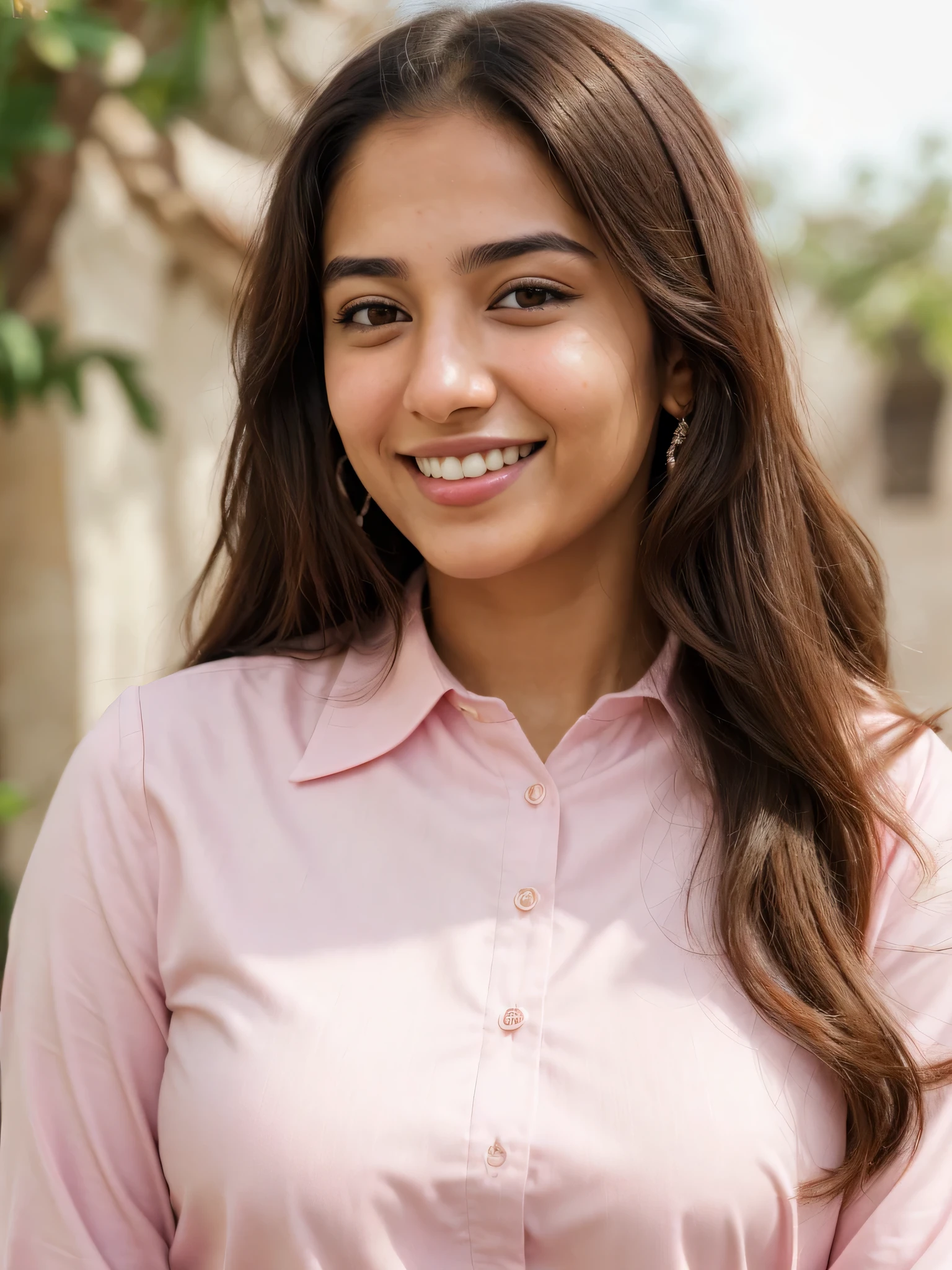 very high resolution, realistic Arab women, pink shirt, white teethes, cute smile, long brown hair, realistic facial details, modest, white skin