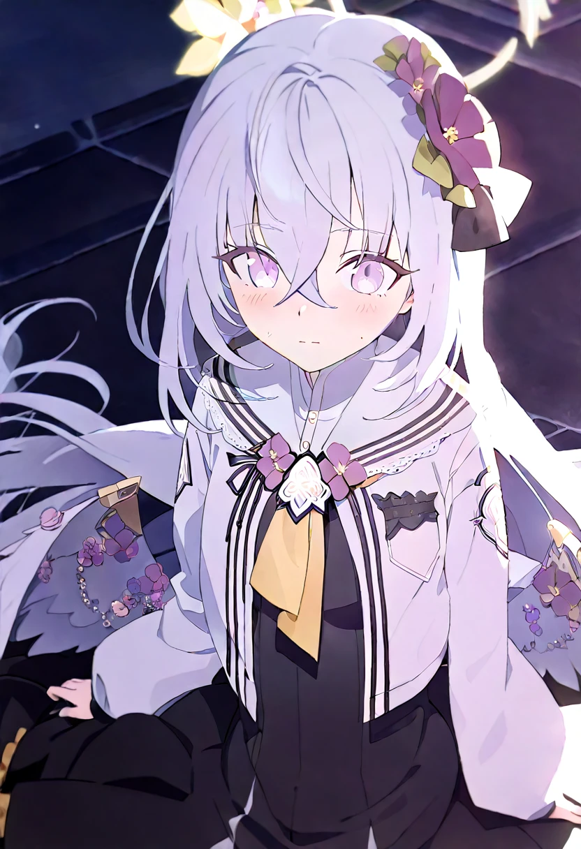 azusa \(blue archive\),1girl blush, wedding blue_archive azusa_(blue_archive) highres 1girl angel_wings black_dress blush closed_mouth cowboy_shot dress feathered_wings flower grey_hair hair_between_eyes hair_flower hair_ornament halo jacket long_hair long_sleeves open_clothes open_jacket purple_eyes purple_flower simple_background solo white_background white_jacket white_wings wings yellow_halo