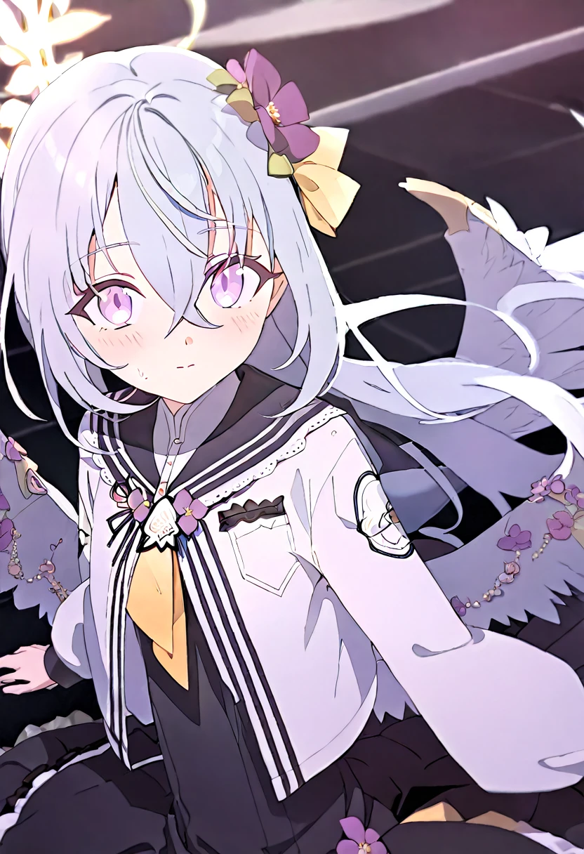 azusa \(blue archive\),1girl blush, wedding blue_archive azusa_(blue_archive) highres 1girl angel_wings black_dress blush closed_mouth cowboy_shot dress feathered_wings flower grey_hair hair_between_eyes hair_flower hair_ornament halo jacket long_hair long_sleeves open_clothes open_jacket purple_eyes purple_flower simple_background solo white_background white_jacket white_wings wings yellow_halo