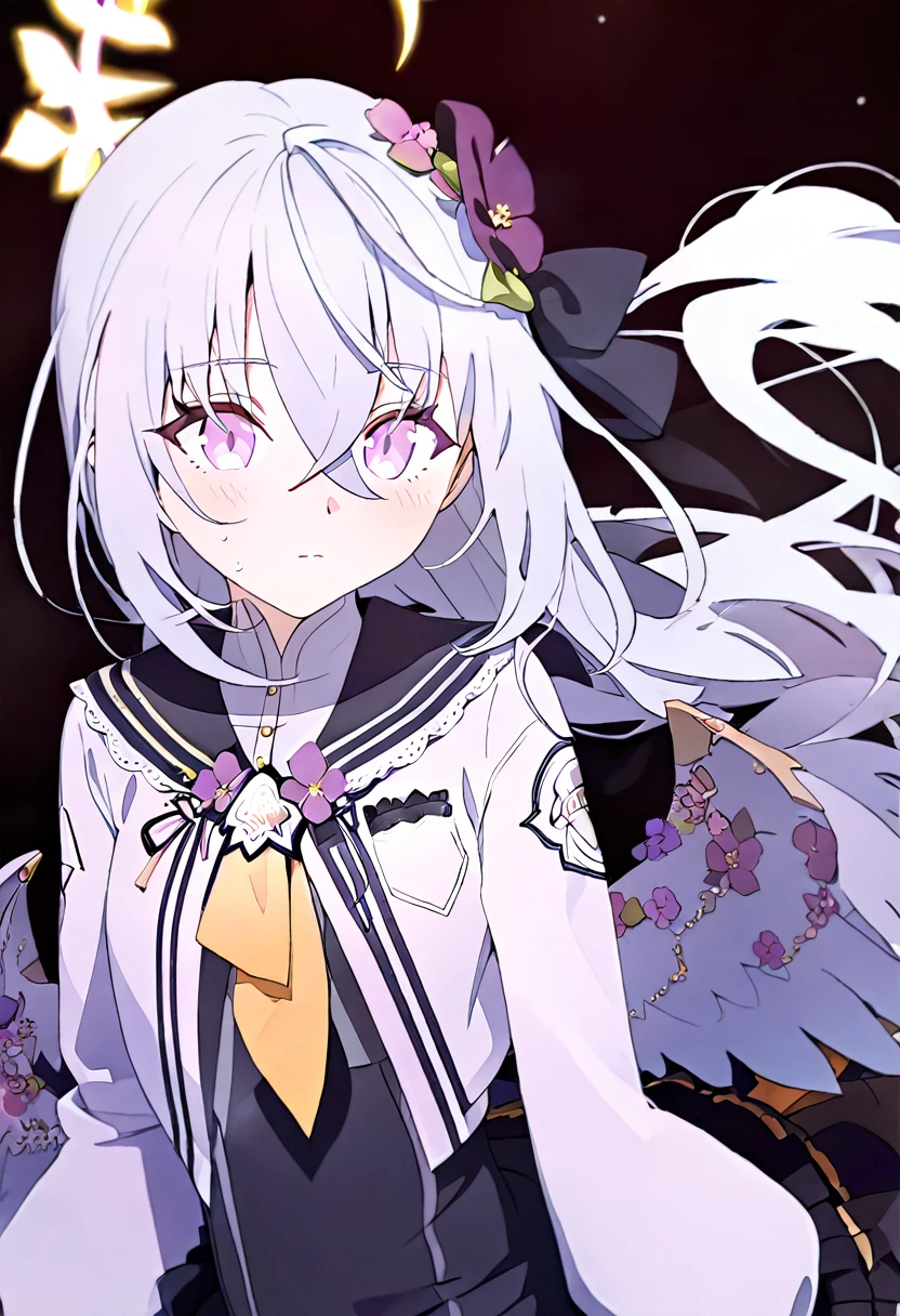 azusa \(blue archive\),1girl blush, wedding blue_archive azusa_(blue_archive) highres 1girl angel_wings black_dress blush closed_mouth cowboy_shot dress feathered_wings flower grey_hair hair_between_eyes hair_flower hair_ornament halo jacket long_hair long_sleeves open_clothes open_jacket purple_eyes purple_flower simple_background solo white_background white_jacket white_wings wings yellow_halo