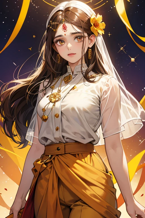 SHE GAS pale brown skin, dark brown hair parted at the middle, and amber eyes. SHe is often shown wearing a puce shirt with a Nehru collar (and a flower pinned to it), and matching churidar trousers. SHe is occasionally shown with a bindi (dot) on his forehead. SPARKLE; GLITTER