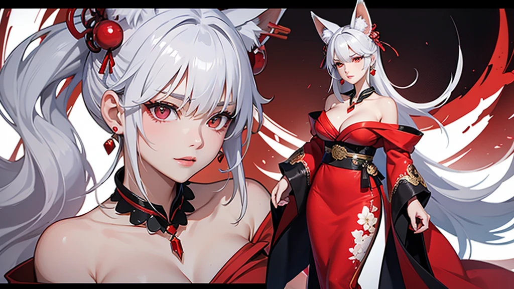 Duck sitting。Enraged, he turns his face away。Full body drawing is required。Red off-the-shoulder kimono。Emerald Cyberpunk World。Side camera high angle bust zoom up。Mature Woman。White hair with fox ears。Earrings。necklace。brooch。Many hair accessories。Big Breasts。