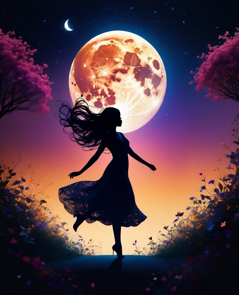 silhouette art,Girl silhouette texture clear,graceful gesture,gentle curves,dance,flowing hair,moon,dazzling stars。(Psychedelic style background),ethereal,distortion,whimsical,(charming garden),Enigmatic Atmosphere,Romantic。delicate lines,subtle texture,Contrast shapes,artistic creation,surreal,dramatic lighting,hidden meaning,grace,emotional depth,evoke a feeling of mystery and wonder,Thought provoking and unforgettable,otherworldly,Change,Encouraging,poetry,unique visual story。