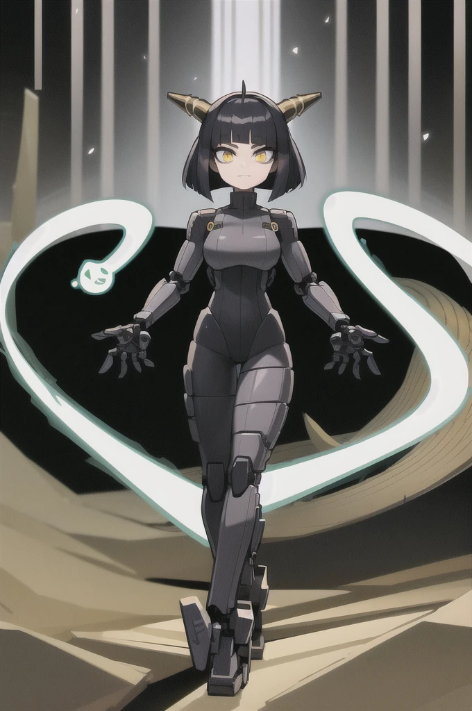 (masterpiece, ultra high quality), (standing), (full body), (1girl), (solo), (female focus), (Anime art style), (Singular, large horn on the left side of her head), (half human/half snake hybrid female), (Messy bob-cut with bangs), (big eyebrows), (organic snake tail) (Cute anime snake eyes), (mechanical limbs attached to limbless female body), (mechanical exo-suit with mechanical limbs)
