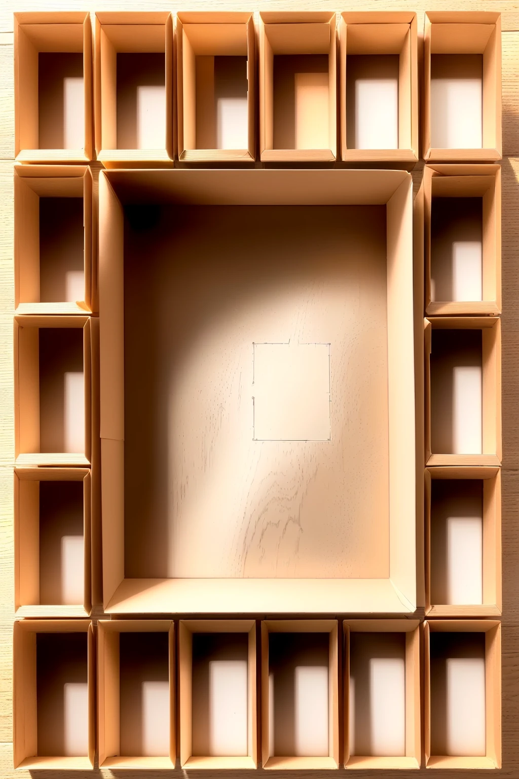 there is a Brown color Cardboard box picture of a square cardboard box shelf with a square design, Empty cardboard box, no contents inside the cardboard, inside a frame on a tiled wall, inspired by Rachel Whiteread, in a cardboard box. top down photo, top - view, layout frame, simple ceiling, rectangular piece of art, set photo, by Rachel Whiteread, inside its box, all inside frame, with everything in its place