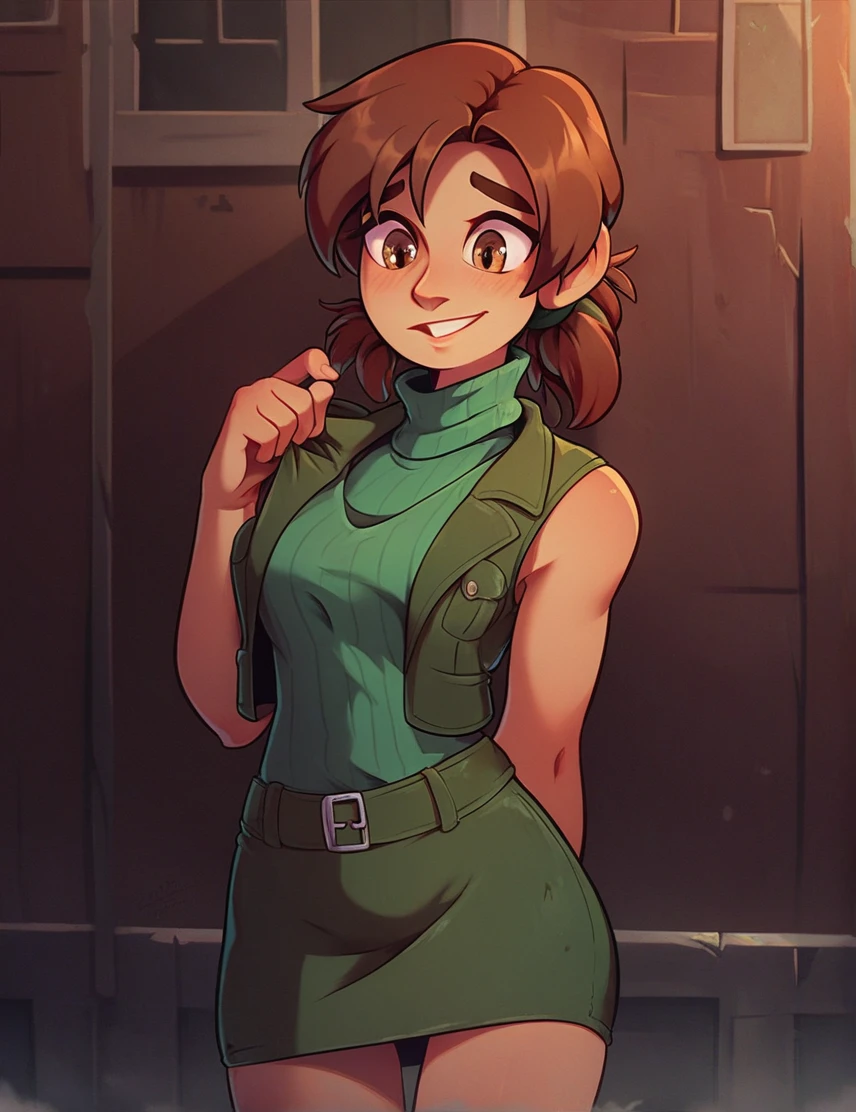 cheryl,by rubio,Brown eyes, vest,sleeveless,turtleneck,Short skirt, standing,nervous smile, silent Hill \(series\),townm will,