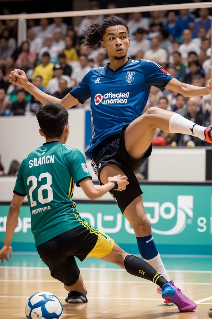 Futsal team symbol with saci looking bad and with the ball at his foot