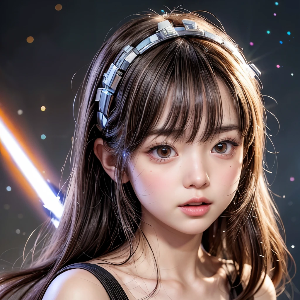 NSFW, 8k, High-level, absurd, masterpiece, best quality, primitive, very detailed CG, very detailed wallpaper, perfect lighting, Extremely detailed (((The personifying " Star Wars " as a  Girl))), MysticSight, Tyndall effect, Tyndall scattering, Studio gray background with (many Dazzling RainbowColor particles BokeH:1.28), (RoundlyButts, ThighGap), (Exposed:0.4), (Assfocus with looking ahead), BREAK (NOGIZAKA face variations) Extremely Detailed very KAWAII face variations, perfect anatomy, Childish, captivating gaze, elaborate detailed Eyes with (sparkling highlights:1.28), long eyelashes、Glossy RED Lips with beautiful details, Coquettish tongue, Rosy cheeks, Radiant PearlSkin with clear transparency . { (Dynamic LifeLike expressions:1.4) | :d) }, (large eyes:-1) .