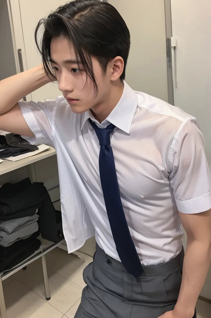 Teenage Thai-korean guy 18 years old, skinny fat body,no abs, shirtlessnot wearing a trousers, wearing blue underwear on bottom,no pants, hallway tower in Bangkok, evening ,Wear a necktie, no wearing pants , light blue underwear.