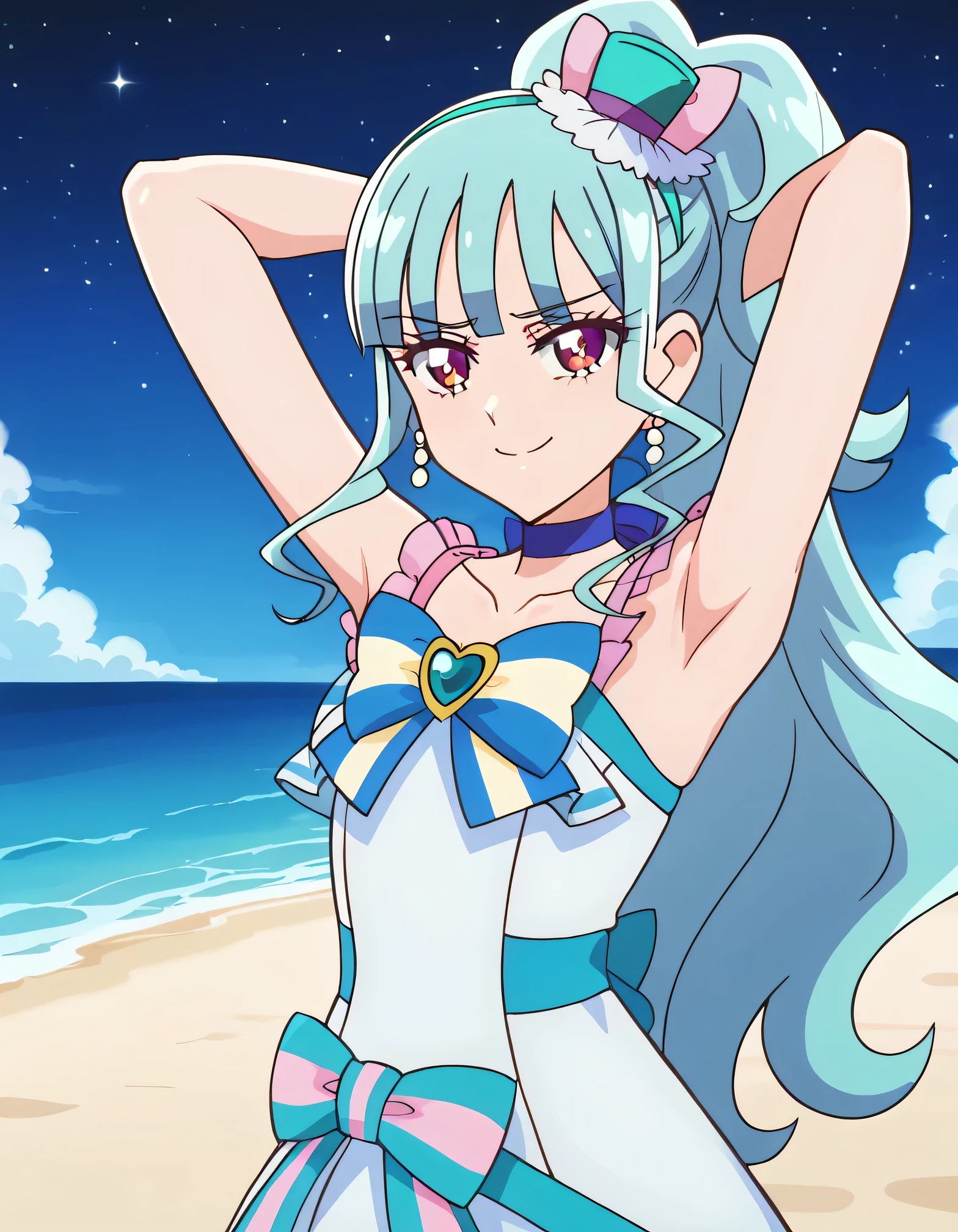 curelillian, shiny skin, high quality, solo, 1girl, night sky, beach, arms behind head, (contrapposto), closed mouth, spread armpits, cowboy shot, looking at viewer, smile, nervous, best quality,