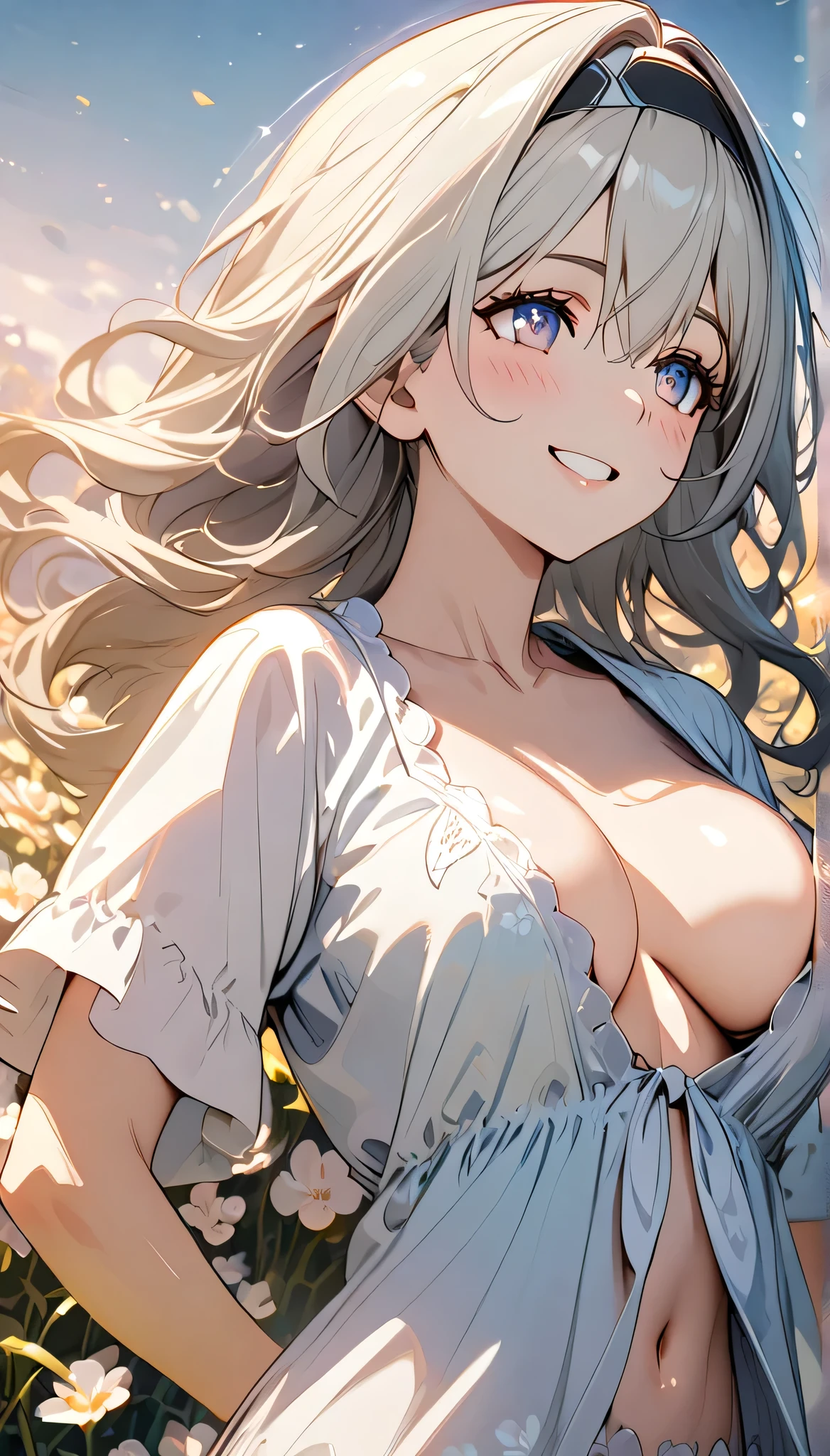 beautiful girl, long grey hair, beautiful face,smiling,close up to hips, beautiful breast, in the middle of flowers field, (open mouth:0.4),illustration,detailed textures(realists),ultra-detailed,portrait style,vivid colors,soft lighting, blushing, mature, hair fluttering, evening light , head band, half body, cleavages, wearing beautiful night sleepwear, side profile, no bra:0.4