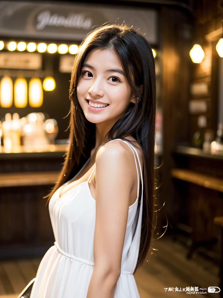 A 20-year-old woman with a very cute and youthful face, like a 15-year-old idol. Smiling Kindly (((Whole body))) (((Full body portrait))) (A white, see-through dress) Medium Bust Cleavage A crowded and stylish wine bar at night Cinema lighting (Natural light) Artistic High level of artistry RAW Photos Genuine High quality that is indistinguishable from real life Real Stick High resolution