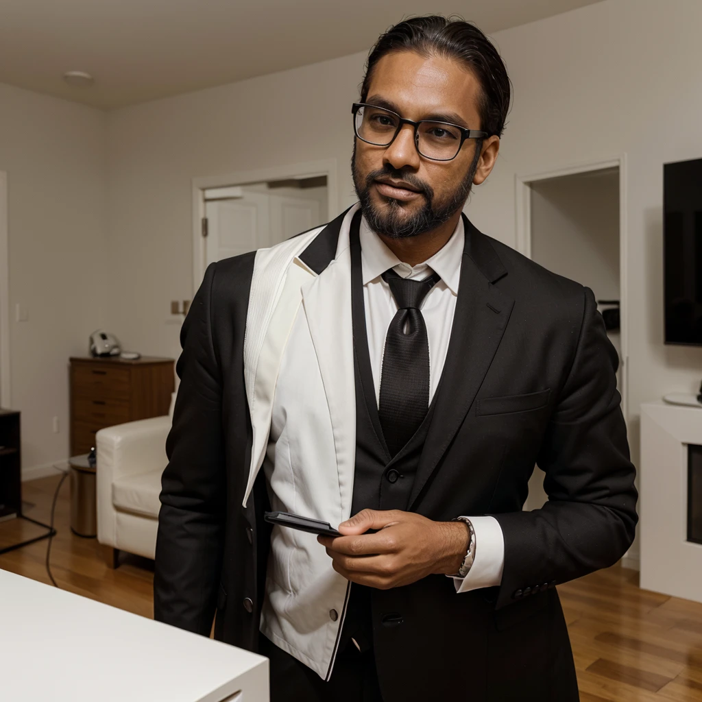 45 year old successful aesthetic man with beard,wearing black suit ,white tie ,brown skin color ,wear glasses , holding a cell phone typical brazilian man , working on digital marketing in your living room