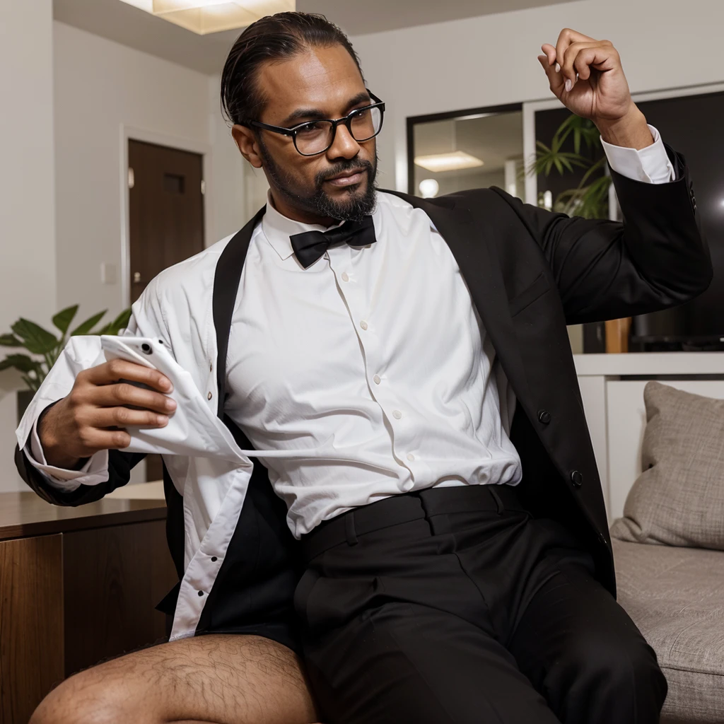 45 year old successful aesthetic man with beard,wearing black suit ,white tie ,brown skin color ,wear glasses , holding a cell phone typical brazilian man , working on digital marketing in your living room