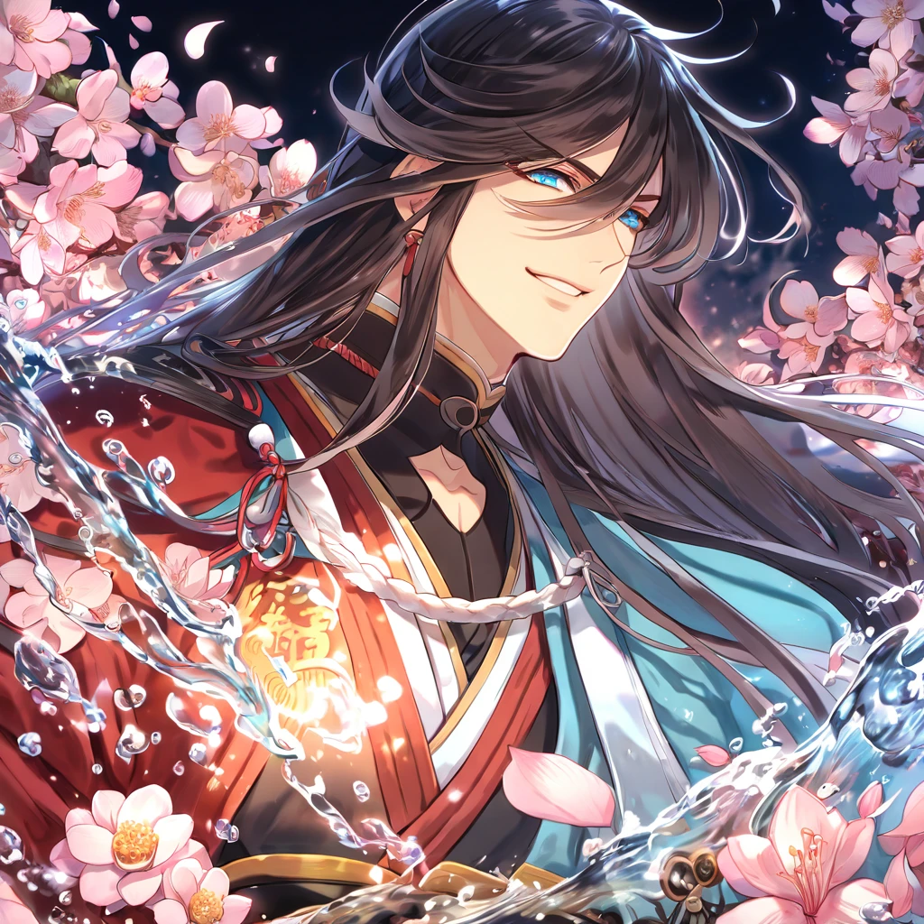 Ultra detailed, highres, absurdres, HDR, master piece, Izuminokami Kanesada, black long hair, expressive blue eyes, red clothes, light blue haori, Touken Ranbu, fantasy, pink petals, water, pink flowers, handsome, sexy man, solo, magical, best quality, blossoms, handsome smile, blue shining fireflies,