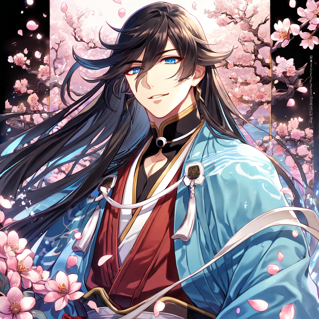 Ultra detailed, highres, absurdres, HDR, master piece, Izuminokami Kanesada, black long hair, expressive blue eyes, red clothes, light blue haori, Touken Ranbu, fantasy, pink petals, water, pink flowers, handsome, sexy man, solo, magical, best quality, blossoms, handsome smile, blue shining fireflies,