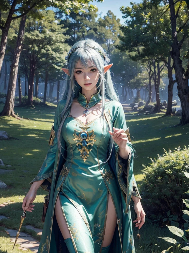 (anime, fantasy), (extremely detailed CG unity 8k wallpaper, masterpiece, best quality, ultra-detailed, depth of filed, HDR:1.2), (elven camp, ancient forest, magical, from final fantasy x), fantastical landscapes, vibrant colors, majestic, magical atmosphere, beautiful, extremely detailed, intricate, delicate, serene fantasy, light filtering through the trees, bokeh, cinematic lighting, 8k, high quality