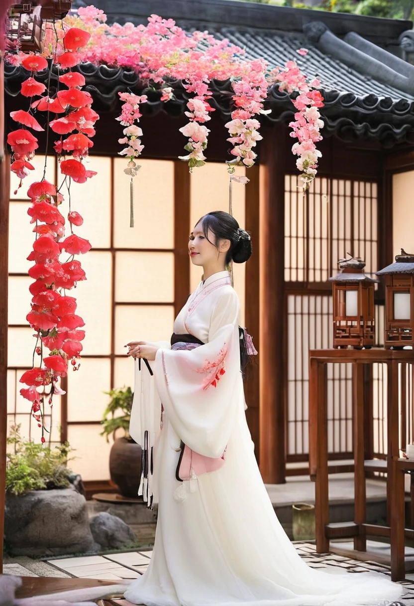 《Like a dream》，Choose Chinese style、patio、Ancient style woman、Begonia flowers、Petals falling etc. as keywords for the picture。