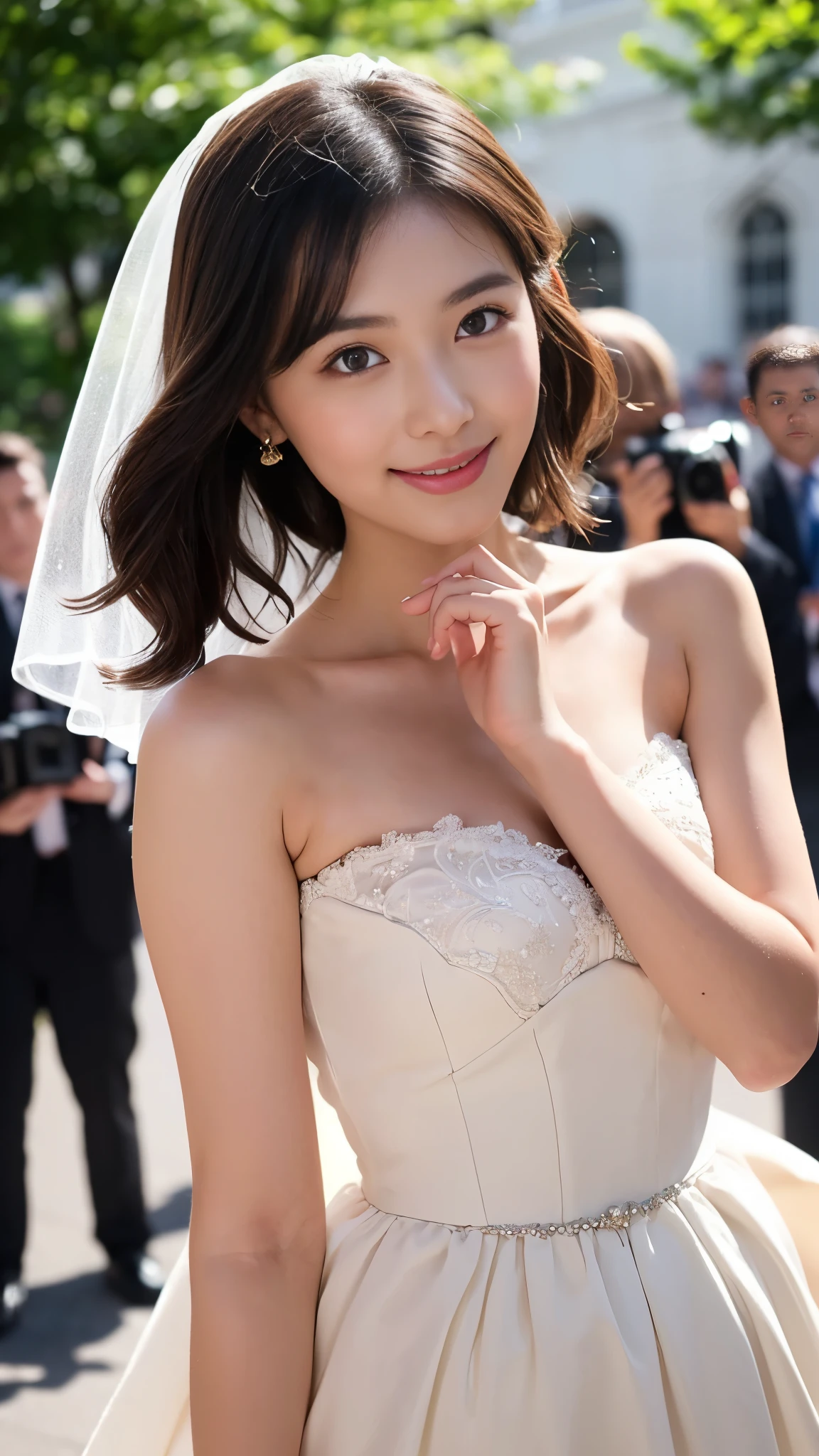 (8K, photo-realistic, ultra-detailed,best quality,ultra high resolution),cinematic lightning,
(detailed cute eyes, soft eyes, black eyes, beautiful detailed eyes:1.3),(loving eyes:1.2),(extremely beautiful skin, radiant skin:1.3), (extremely beautiful face:1.3),
(extremely beautiful japanese actress),(neat young woman),( mature, obedient,neat, intellectual , kindly:1.3),(shyly, lovingly:1.3),(shyly,smile:1.1),(embarrassed, blush, staring lovingly at viewer),
(natural wavy hair:1.1),(beautiful obedient woman:1.3),
(on the courtyard of the church, photography session:1.21),
(beautiful japanese woman:1.25),(extremely beautiful face:1.25),
(ballgown wedding dress, chapel length veil, She is walking, Her skirt is floating in the wind, veil is dancing in the wind:1.2),
(A large group of cameramen surround her and take pictures with cameras.:1.21),
(embarrassed,shyly, lovingly, blush, staring at viewer),(kind smile:0.8),(blush),
(detailed face:1.2), (detailed eyes),
over the shoulder point of view,
She is being photographed by many people