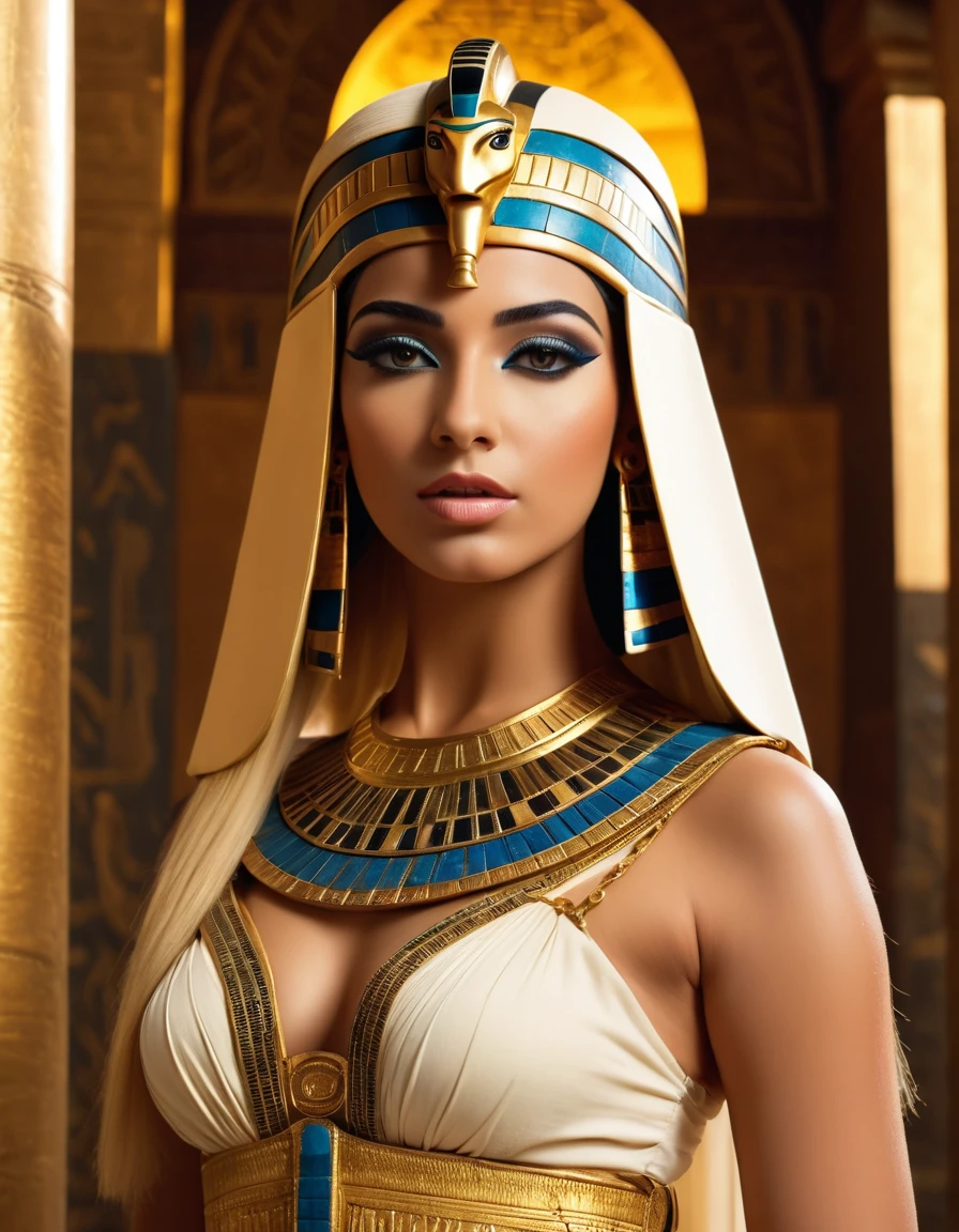 very attractive caucasian 25 year old girl with long platinum blonde hair, Gorgeous cleopatra, insane details, thick attractive figure, bulky figure, egyptian princess, cinematic goddess close shot, cleopatra, extremely beautiful lady, cinematic goddess body shot, cleopatra portrait, goddess, stunning beauty, extremely high detail, egyptian, cleopatra in her palace, cinematic goddess shot, egyptian style, extremely detailed goddess shot, beautiful goddess, cinematic portrait, professional cinematography, As an Egyptian, Beautiful and stunning pharaoh, portrait of Cleopatra, uhd, 8k, 32k, detailed, intricate, sharp Beauty, high definition, cinematic perspective, faultless image, background of ancient EgyptA close-up of a woman wearing a gold dress and an Egyptian mask, a cinematic portrait, expert cinematography, crazy details, an Egyptian princess, a close-up of a cinematic goddess, cleopatra, an incredibly beautiful lady, and a cinematic goddess body, very realistic