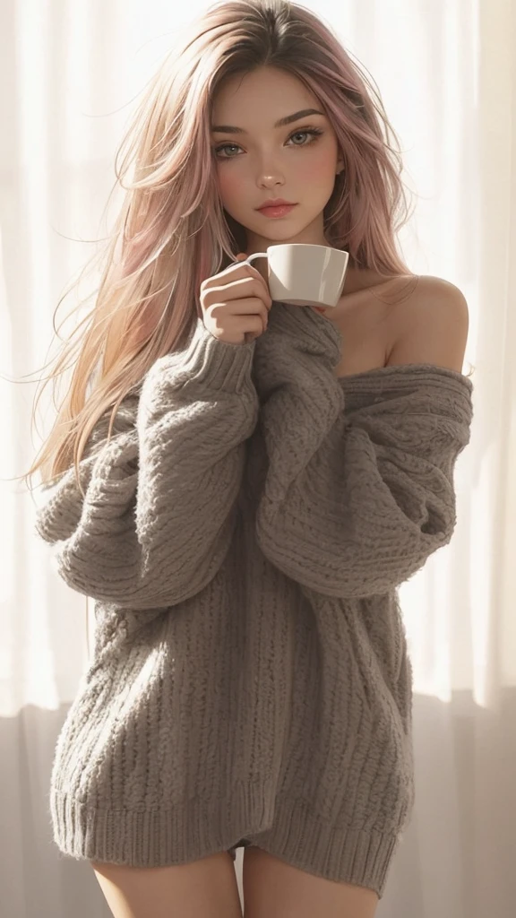 young woman, 30 years, portrait, Medium breasts, slim, long black hair with pink highlights, bang, Is it juniper, hot, Soft or colored lips, Russian, short green shirt, loose jeans, simple background, flat colors, perfect hands, Ideal ,

