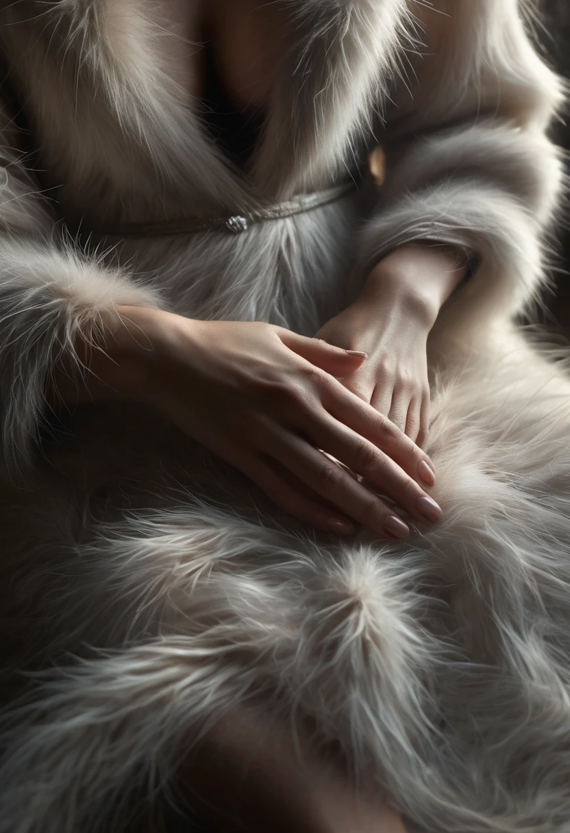 fur, nails and joints in a clear and natural way.
The lighting is soft and enveloping, creating delicate shadows that accentuate the shape and structure of your fingers. The composition focuses on his hands, but also includes a general view of his figure, showing his face in a serene and contemplative expression.
Do your best to generate a realistic and detailed representation of the hands, paying special attention to the folds, the textures and the way the fingers curve and support each other. Captures the beauty and elegance inherent to this part of the human body."