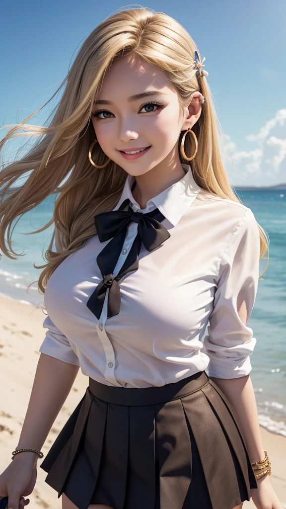 Pop music throws a party on the beach. His enjoyable expression, the shine of the microphone he holds, and the landscape of the beach behind him are impressive. 8K , HD, highly detailed, realistic, photography, photo realism --ar 9:16 -- at 6.0 --s 750,19 years old, alone, Long Hair, View your viewers, Blonde, Brown eyes, gem, whole body, Realistic, Sexy、Big Breasts 、stockings、clip on earrings,during,bracelet、smile,collared shirt, pleated skirt, , bow