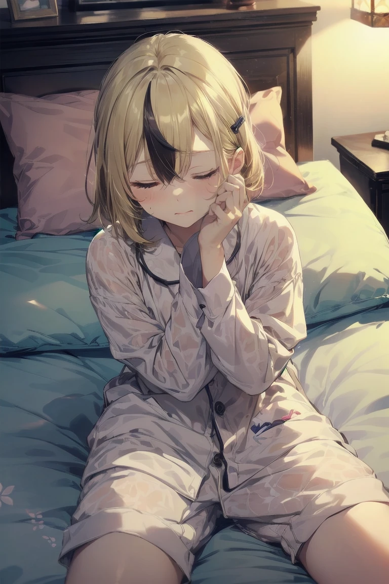 (white mouth mask),(closed eyes:1.5), (lie on bed:1.5),Highest quality, Anime Moe Art Style,Best Anime 8K Konachan Wallpaper,Perfect Anatomy, (One Girl:1.5), (alone,:1.8),high school studehort hair), (Straight hair:1.6),(Medium chest),(Blonde:1.8),Complete limbs, Full Finger,medium breast,Small eyes,Accurate blue eyes, (hair over one eye:1.5),Hair Clip, Very detailed,High resolution,Very detailed肌, Professional Lighting,8K eye detail, (Cute illustrations:1.2), (indoor),(Cute Girl's Room:1.4),(modern and sophisticated furniture:1.2),(plush velvet chair and ottoman:1.4),(elegant curtains and window treatments:1.2),(Designer Fashion:1.4),(Instagrammable fashion photo corner:1.2),(unique framed statement mirror:1.4),
(fashion runway style rug:1.2),(Customized closet filled with trendy clothes:1.2),(gorgeous dressing table:1.2),(Fashion Magazines:1.2),(Cute decoration:1.4),(chic lighting fixtures:1.4),(comfortable and stylish bedding:1.4),(Specialized area for fashion accessories:1.3),(高级饰品:1.2),(fashion sketch and design book:1.2),(bed:1.9),(ankle socks:1.2),nose blush ,A girl lying in bed with a cold with her head on the pillow, cute, detailed drawing, under art,
1 girl, bangs, bed, blush, sweat, cold, blond hair,(pajamas:1.5), indoors,lying on back, pillow, side lock, sleeping, on futon, on futon sleeping face to face,