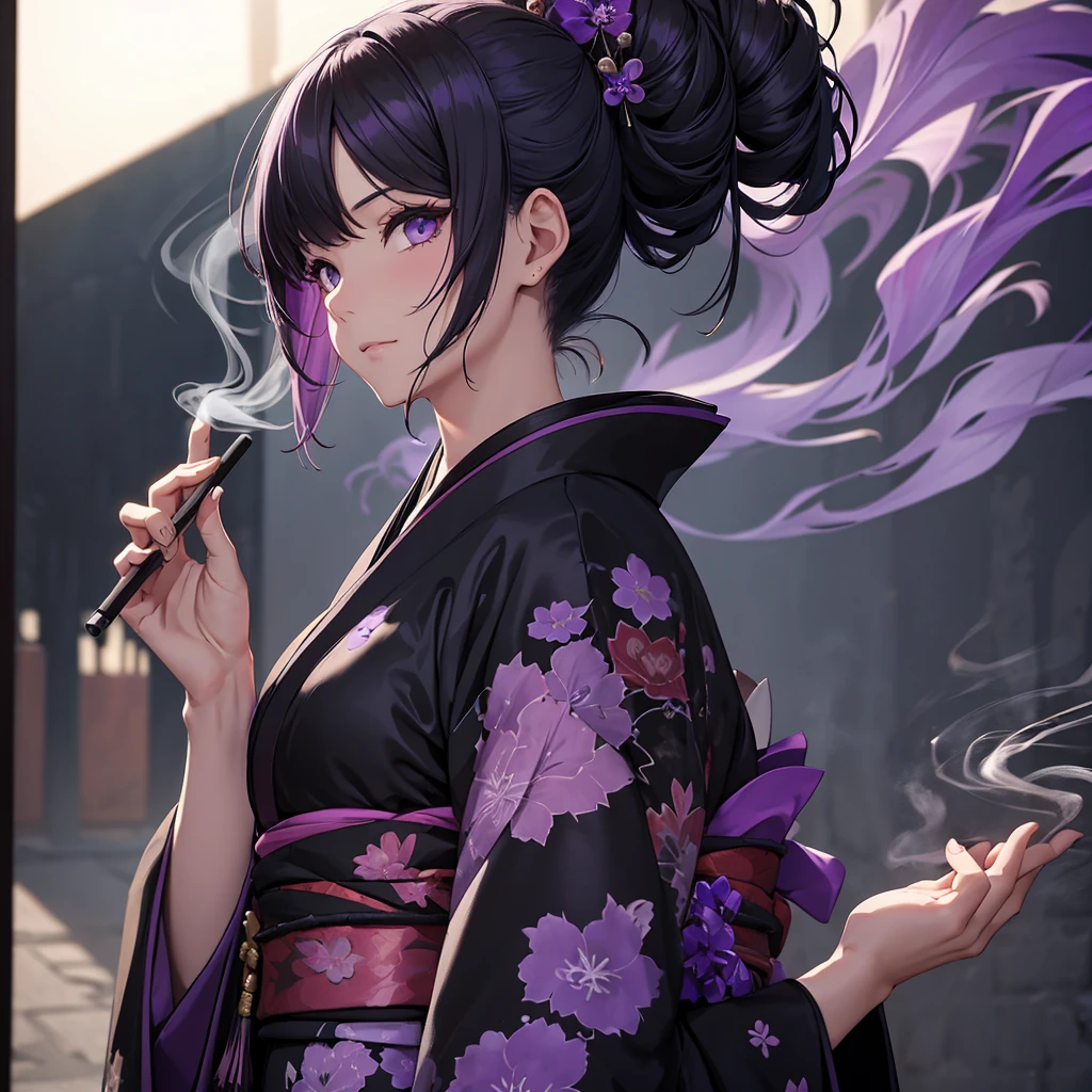 woman, Purple messy hair, ((Black kimono)), ((Masterpiece of shadow detail)), Background smoke,