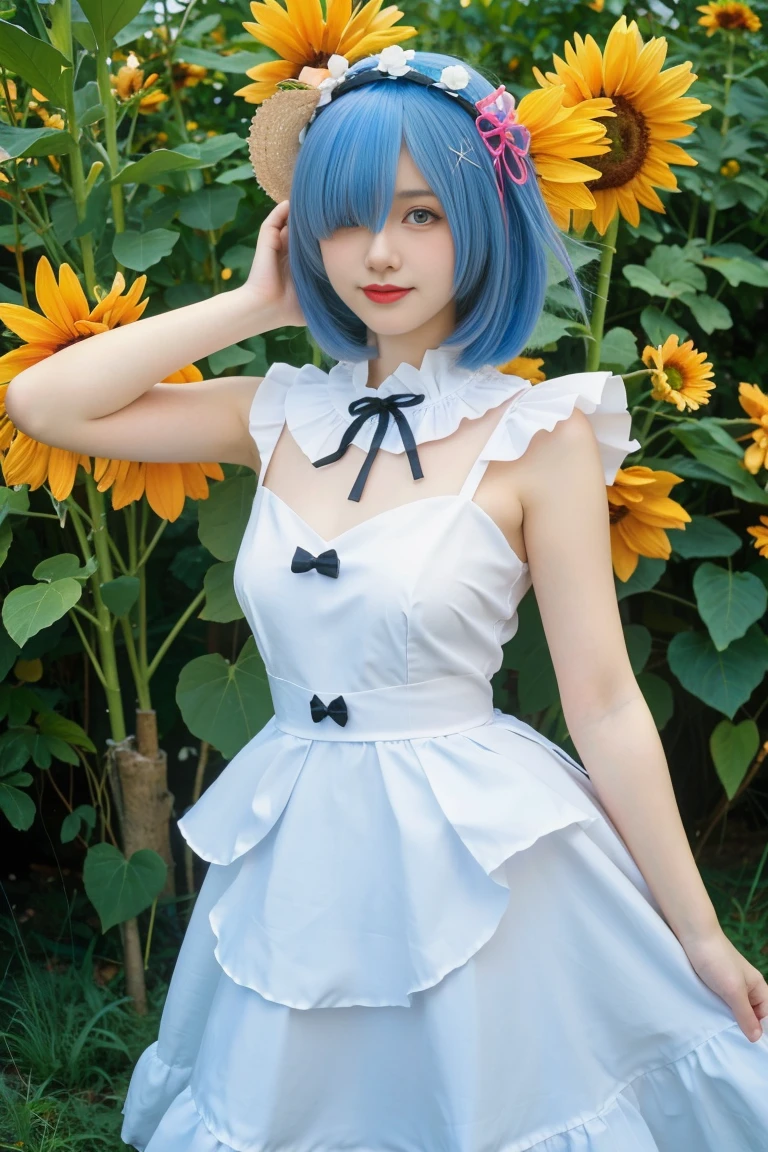 best quality, tmasterpiece,Ultra-high resolution,Clear face,(Reality:1.4),ferpect lighting,(upper body shot:1.5), (photorealistic:1.50), anime wallpaper, Guviz style artwork, cover-up fantasy up to magic , by Yang J, Guviz, beautiful artwork illustration, beautiful digital artwork, beautiful digital illustration, Li Song, beautiful anime portrait, art style in Beauvot,1girl,rem(re-zero),blue_eyes,blue_hair,blue_sky,blush,cloud,day,dress,field,flower,flower_field,from_side,hair_between_eyes,hair_flower,hair_ornament,hat,hat_flower,hat_ribbon,lens_flare,looking_at_viewer,open_mouth,outdoors,pink_flower,plaid,plaid_ribbon,ribbon,short_dress,short_hair,shoulder_blades,skirt_hold,sky,sleeveless,sleeveless_dress,独奏,standing,strap_gap,straw_hat,sun_hat,sundress,sunflower,sunflower_field,white_dress,yellow_flower,yellow_hat,