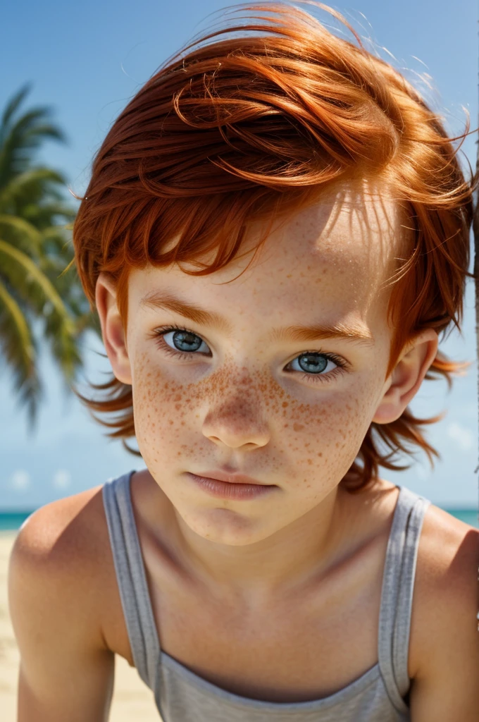 A redhead boy with freckles, small nose, grey eyes, small face and  friendly expression, standings in front of a beach

