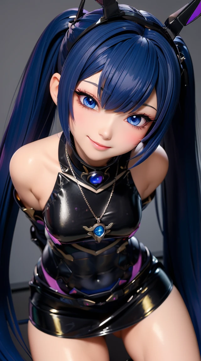 (masterpiece:1.3), (Best Quality:1.3), (Ultra-detailed:1.2), ((kawaii)), Cute, (lovely), ((sexy)), ((Extremely detailed)), 4K, (8K), Best Quality, (Beautiful), Illustration, anime style, (bold line:1.2), Gradation, looking at viewer, //, (bent down:1.1), (arms behind back), //, a cute girl, 1girl, (solo:1.2), gleaming skin, //, (flat chested), (Perfect eyes:1.2), (Perfect iris:1.2), //, darkblue hair color, (beautiful eyes) //, (half closed eyes:1.3), (sexual expression:1.2), Fascinated expression, smile, (blush:1.2), //, modern city background, on rock, twin tails, straight bangs, muscle girl, hard abs, exposed abs, NECKLACE, skirt, heavy armor suit, mecha musume, underboobs