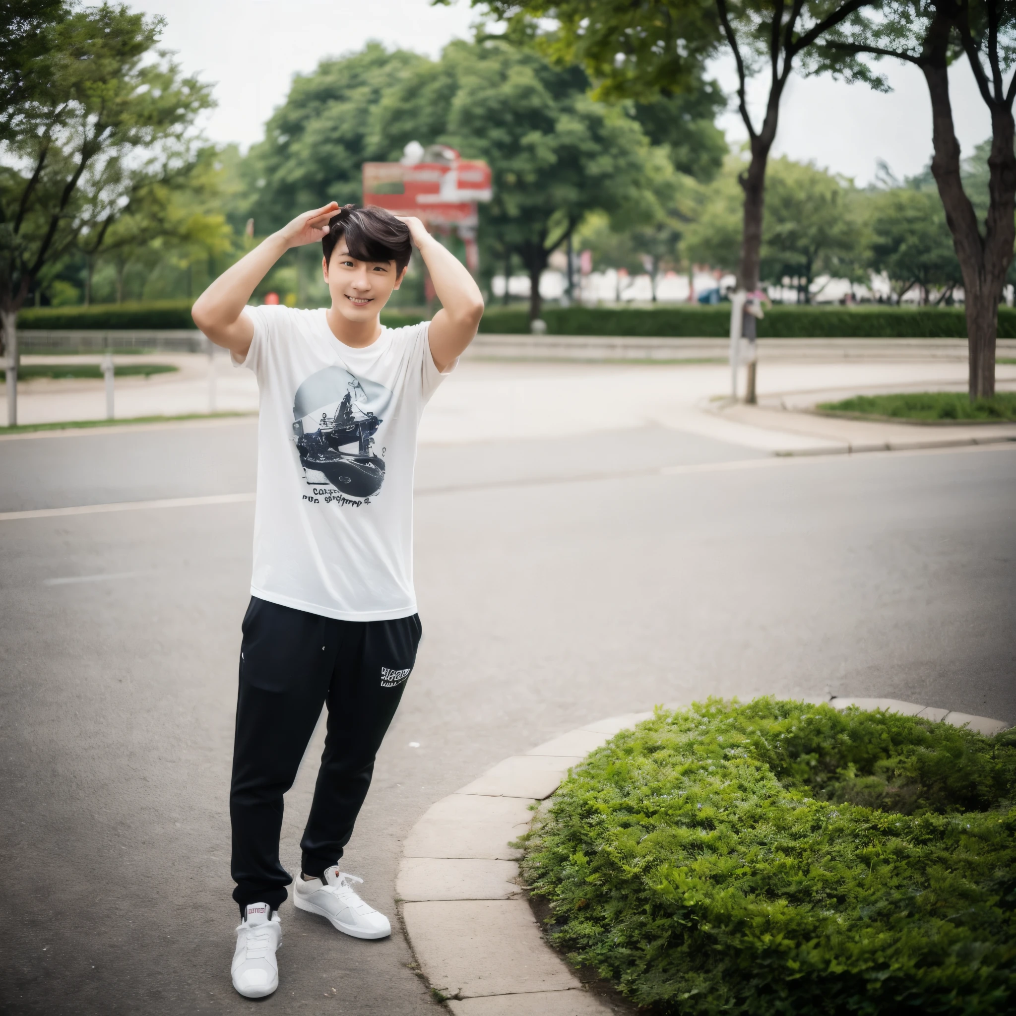 ((hyperdetail)), ((hyperrealistic)), ((hyperrealism)), Professional, Angle camera shooting from below, realistic, High level of detail, Full body photo of 25 years old korean couple, 1 man pose with woman, face like Jungkook BTS, nice hair like Jungkook BTS hair, nice eyes, wearing t-shirt, wearing sneakers, full body, fit body almost 75 kg bodyweight weight and 185 cm body height, fit body like gym trainer, not thin and not fat, cool pose hand,, standing posing for a photo, chill on a city park, photogenic pose, smile pose, (random standing pose: 1.3) ,Natural light, (Attractive young man:1.3), (:1.1), (blush:1.1), bacgkround at afternoon city park near seoul buildings, shower of sunshine,, hold a cup of coffee on hand, ((cool pose)), ((gentleman pose)), ((DIOR T-shirt)), ((expensive t-shirt)), ((ISO 1600)), ((50mm lens)), ((wide shot)), 