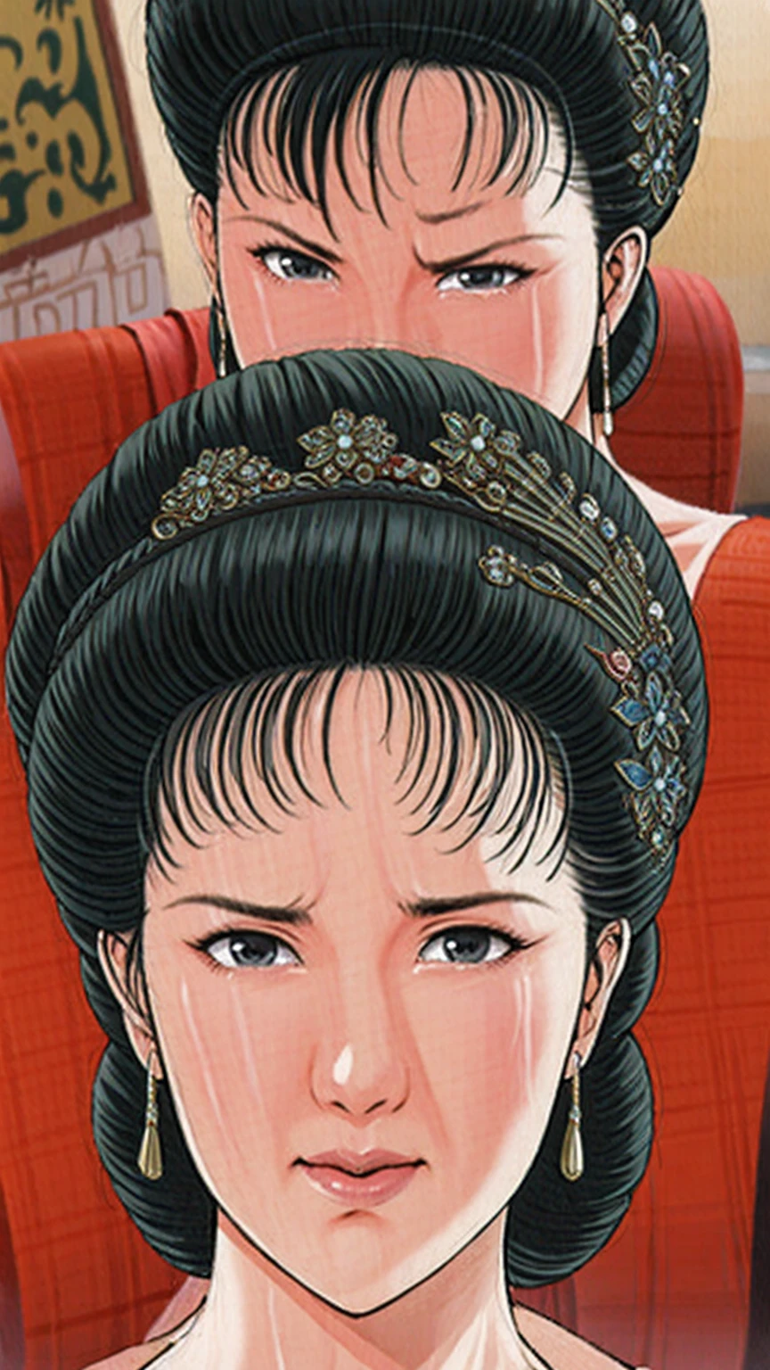 (best quality), (very aesthetic), (ultra-detailed), (best illustration),(a mature female),(perfect face),Suikoden,Mrs. Lin,(((NSFW))),((full_body)),((full_Nude)),(crying),Covers mouth with right hand,red cheek,sweating,skinny,flushed skin,(hairly),(Missionary position sex),(resting the back of her head on a pillow),(She is lying on her back completely naked),traditional Chinese bedroom,