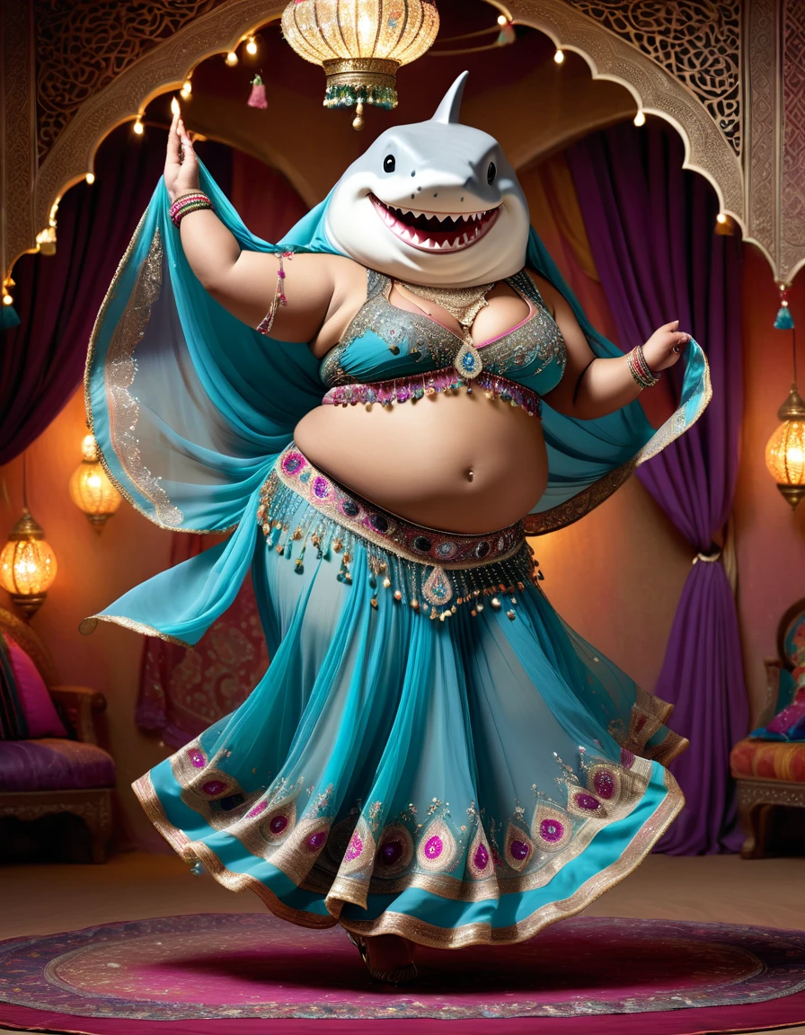photorealistic portrait of Dressed animals - a ((fat)) ((shark)) dancer,(furry), (dynamic dancing:2.0), (swinging arms :2.0),(happy smile:1.5),high quality,(happy),(lovely) ,intricate details, (sheer veil), highly detailed (( gypsy belly dancing clothes)) ,highly detailed decorations of clothes, Wearing gypsy belly dancing clothes, , (happy), soft lighting,(full body image:1.5),Arabian palace background,(viewed from side:2.0),