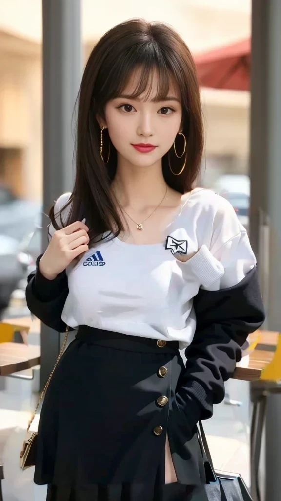 White Sweatshirt Clothes、Black mini skirt、The waist is low