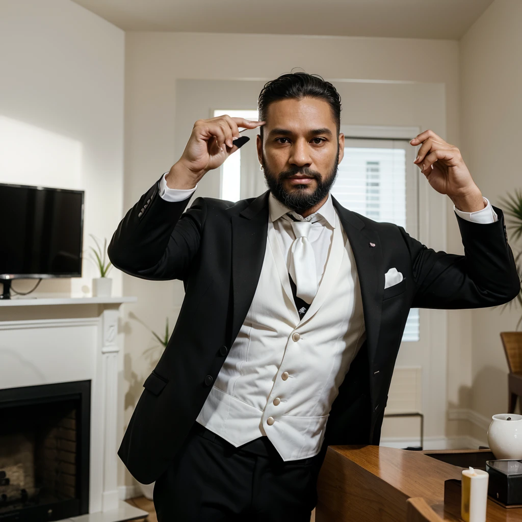 40 year old successful aesthetic man with beard,wearing black suit ,white tie ,light skin color,without glasses , holding a cell phone typical brazilian man , working on digital marketing in your living room